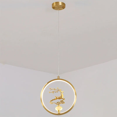 Traditional Chinese Copper Marble Acrylic Circle Gourd Flower Leaf Animal LED Chandeliers For Hallway