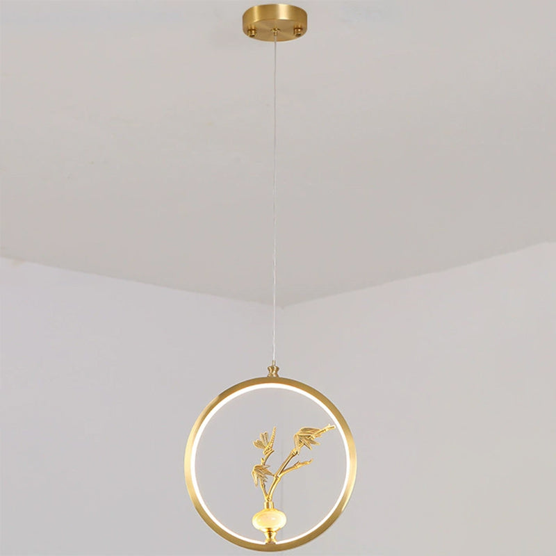 Traditional Chinese Copper Marble Acrylic Circle Gourd Flower Leaf Animal LED Chandeliers For Hallway