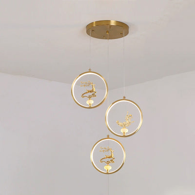 Traditional Chinese Copper Marble Acrylic Circle Gourd Flower Leaf Animal LED Chandeliers For Hallway