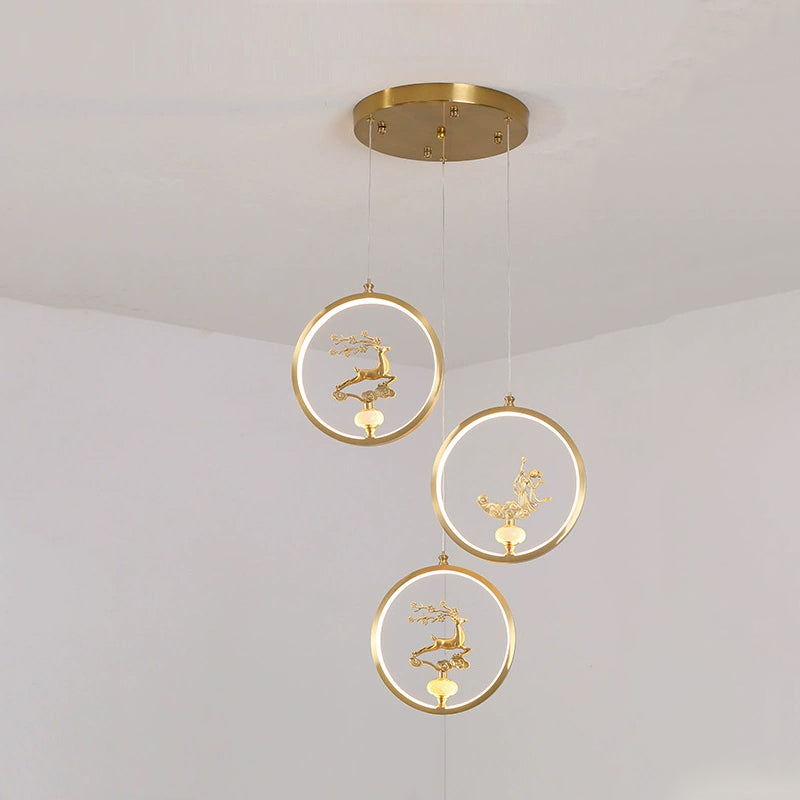 Traditional Chinese Copper Marble Acrylic Circle Gourd Flower Leaf Animal LED Chandeliers For Hallway