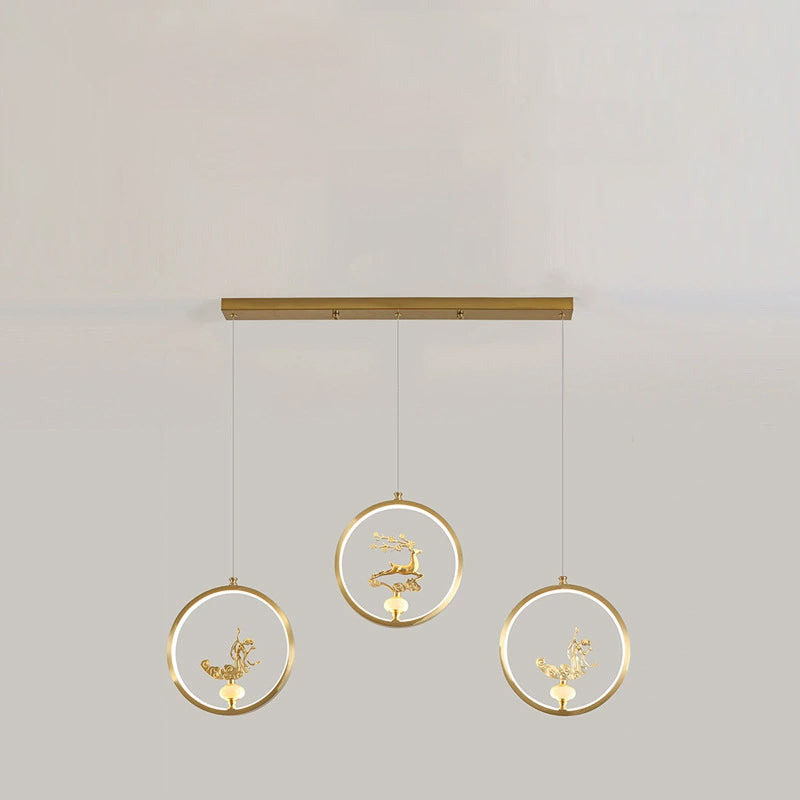 Traditional Chinese Copper Marble Acrylic Circle Gourd Flower Leaf Animal LED Chandeliers For Hallway