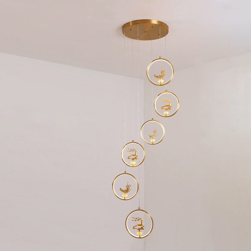 Traditional Chinese Copper Marble Acrylic Circle Gourd Flower Leaf Animal LED Chandeliers For Hallway