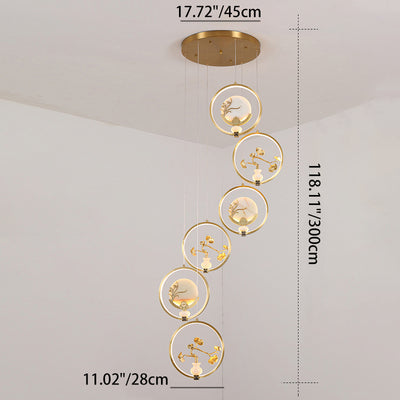 Traditional Chinese Copper Marble Acrylic Circle Gourd Flower Leaf Animal LED Chandeliers For Hallway