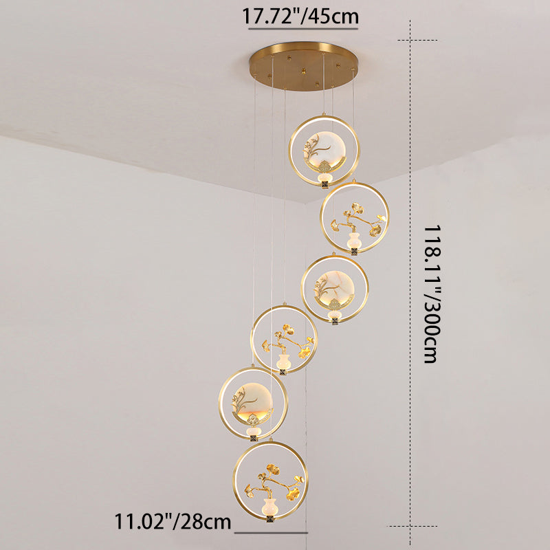 Traditional Chinese Copper Marble Acrylic Circle Gourd Flower Leaf Animal LED Chandeliers For Hallway