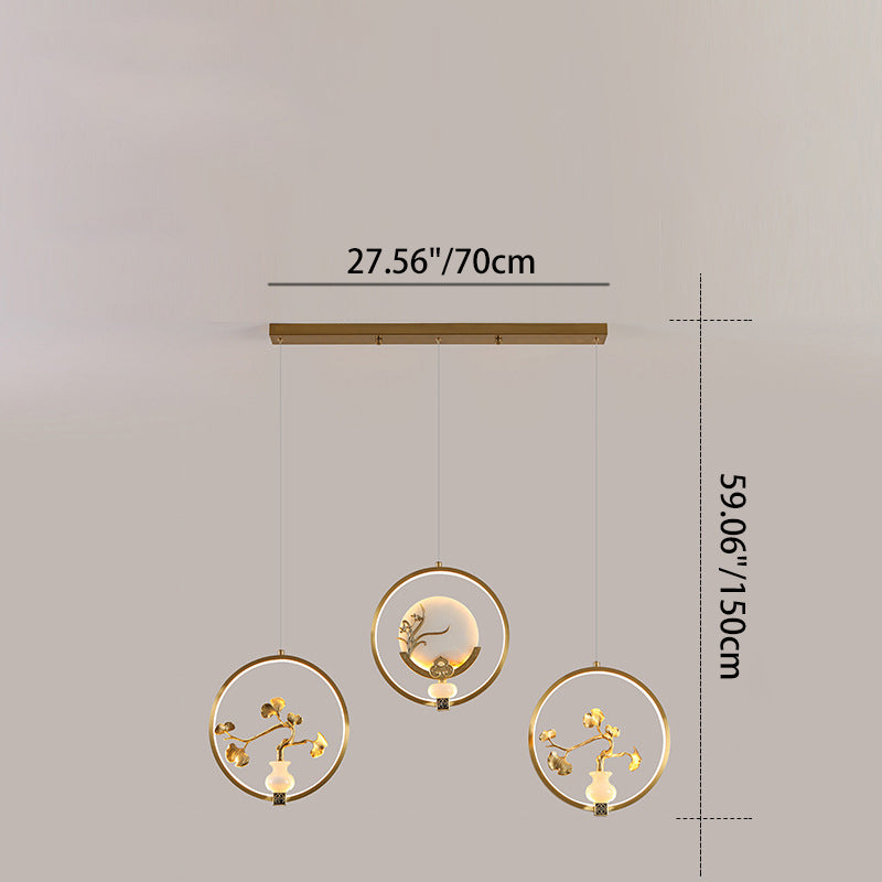 Traditional Chinese Copper Marble Acrylic Circle Gourd Flower Leaf Animal LED Chandeliers For Hallway