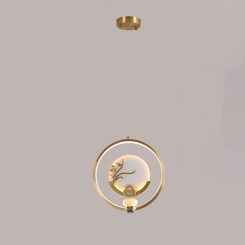 Traditional Chinese Copper Marble Acrylic Circle Gourd Flower Leaf Animal LED Chandeliers For Hallway