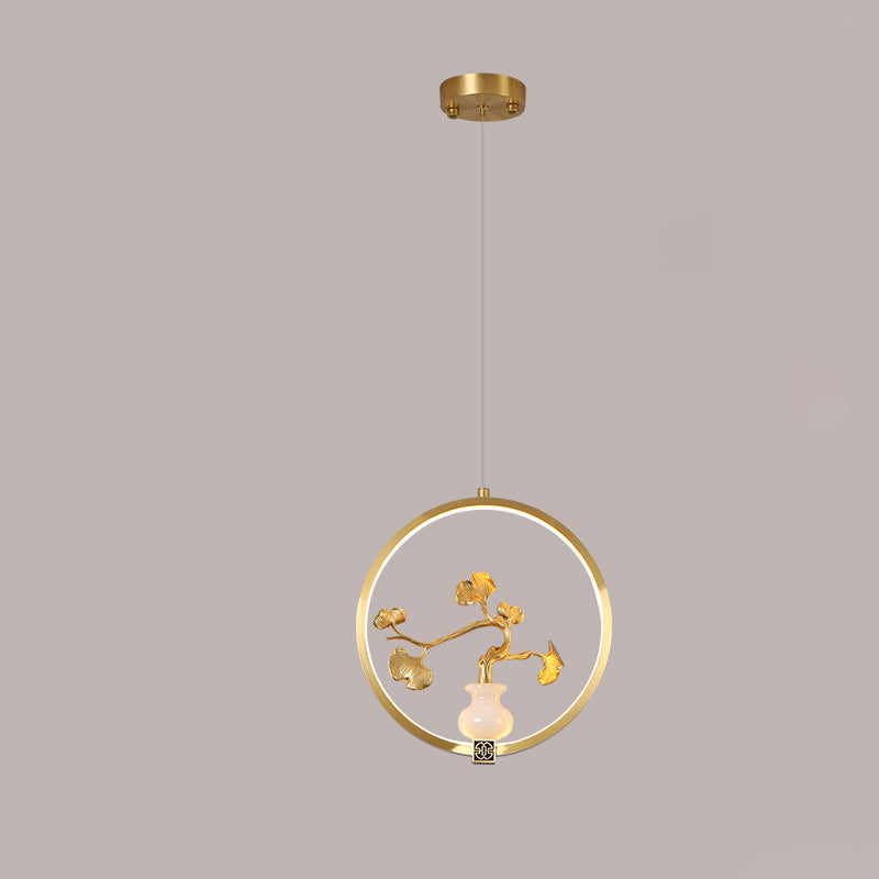 Traditionelle chinesische Kupfer-Marmor-Acryl-Kreis-Kürbis-Blatt-Tier-LED-Kronleuchter für den Flur 
