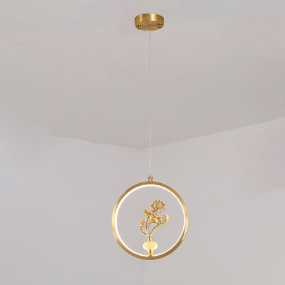 Traditional Chinese Copper Marble Acrylic Circle Gourd Flower Leaf Animal LED Chandeliers For Hallway