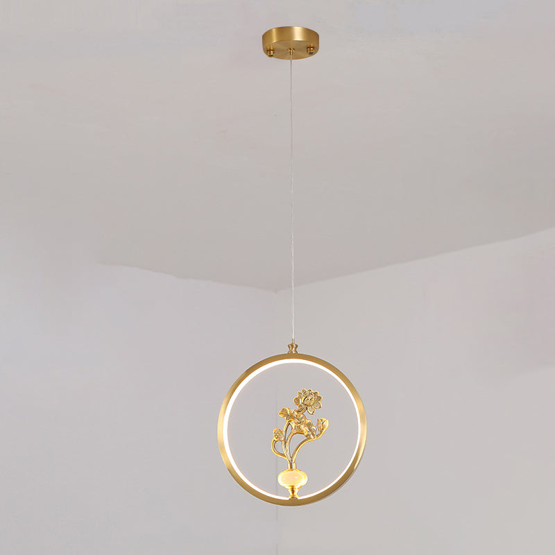 Traditional Chinese Copper Marble Acrylic Circle Gourd Flower Leaf Animal LED Chandeliers For Hallway