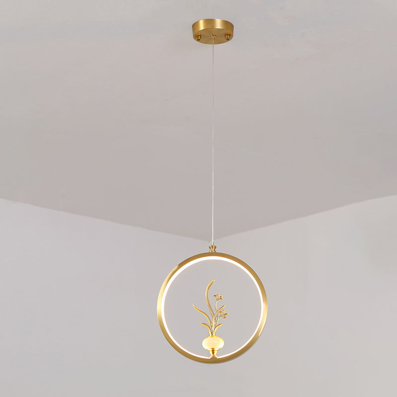 Traditional Chinese Copper Marble Acrylic Circle Gourd Flower Leaf Animal LED Chandeliers For Hallway