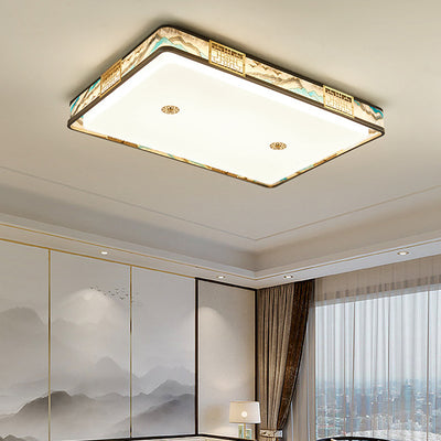 Traditional Chinese Copper Acrylic Enamel Painting Landscape Rectangular Square Round LED Flush Mount Ceiling Light For Bedroom
