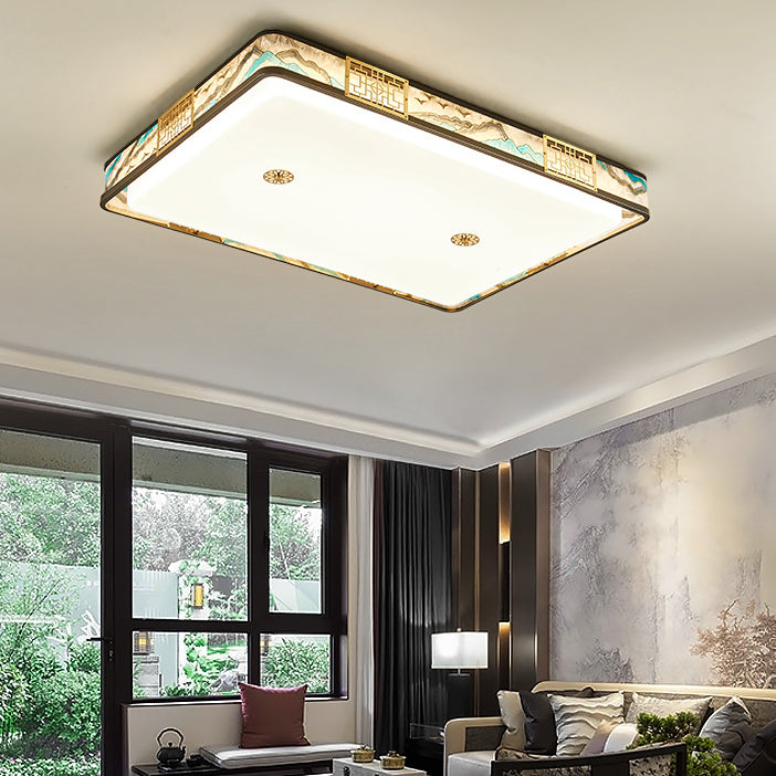 Traditional Chinese Copper Acrylic Enamel Painting Landscape Rectangular Square Round LED Flush Mount Ceiling Light For Bedroom