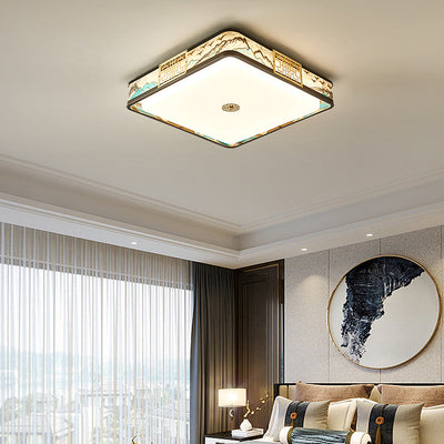 Traditional Chinese Copper Acrylic Enamel Painting Landscape Rectangular Square Round LED Flush Mount Ceiling Light For Bedroom