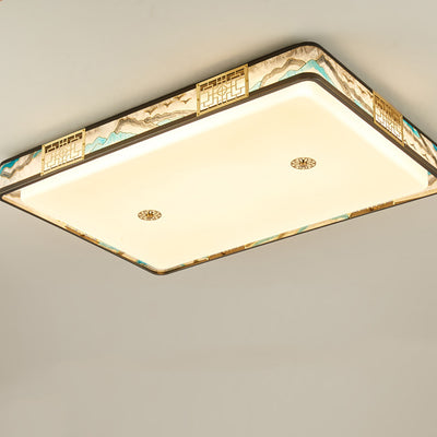 Traditional Chinese Copper Acrylic Enamel Painting Landscape Rectangular Square Round LED Flush Mount Ceiling Light For Bedroom