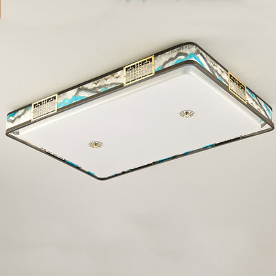 Traditional Chinese Copper Acrylic Enamel Painting Landscape Rectangular Square Round LED Flush Mount Ceiling Light For Bedroom