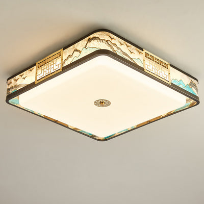 Traditional Chinese Copper Acrylic Enamel Painting Landscape Rectangular Square Round LED Flush Mount Ceiling Light For Bedroom