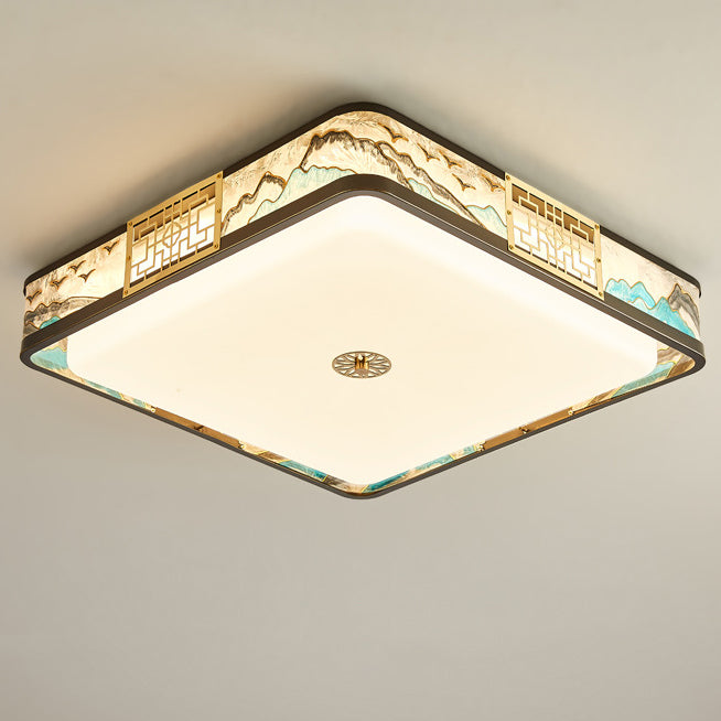 Traditional Chinese Copper Acrylic Enamel Painting Landscape Rectangular Square Round LED Flush Mount Ceiling Light For Bedroom
