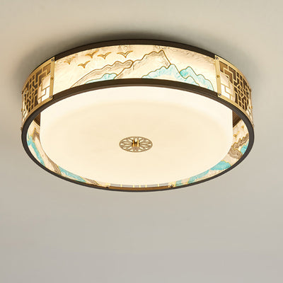 Traditional Chinese Copper Acrylic Enamel Painting Landscape Rectangular Square Round LED Flush Mount Ceiling Light For Bedroom
