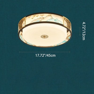 Traditional Chinese Copper Acrylic Enamel Painting Landscape Rectangular Square Round LED Flush Mount Ceiling Light For Bedroom