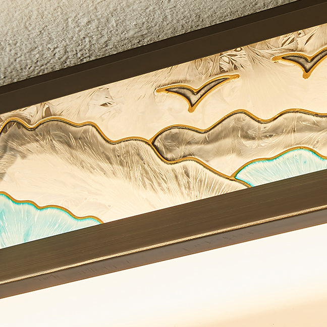 Traditional Chinese Copper Acrylic Enamel Painting Landscape Rectangular Square Round LED Flush Mount Ceiling Light For Bedroom