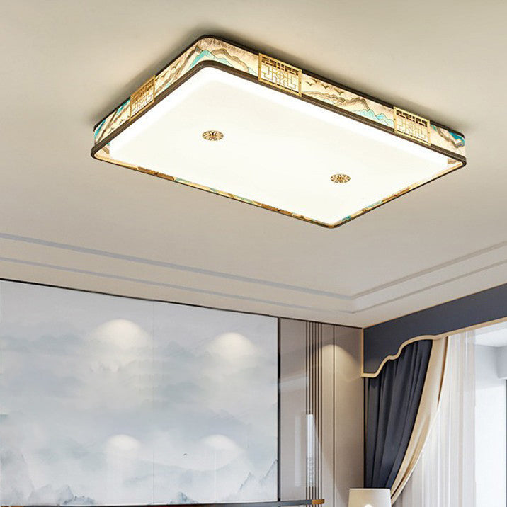 Traditional Chinese Copper Acrylic Enamel Painting Landscape Rectangular Square Round LED Flush Mount Ceiling Light For Bedroom