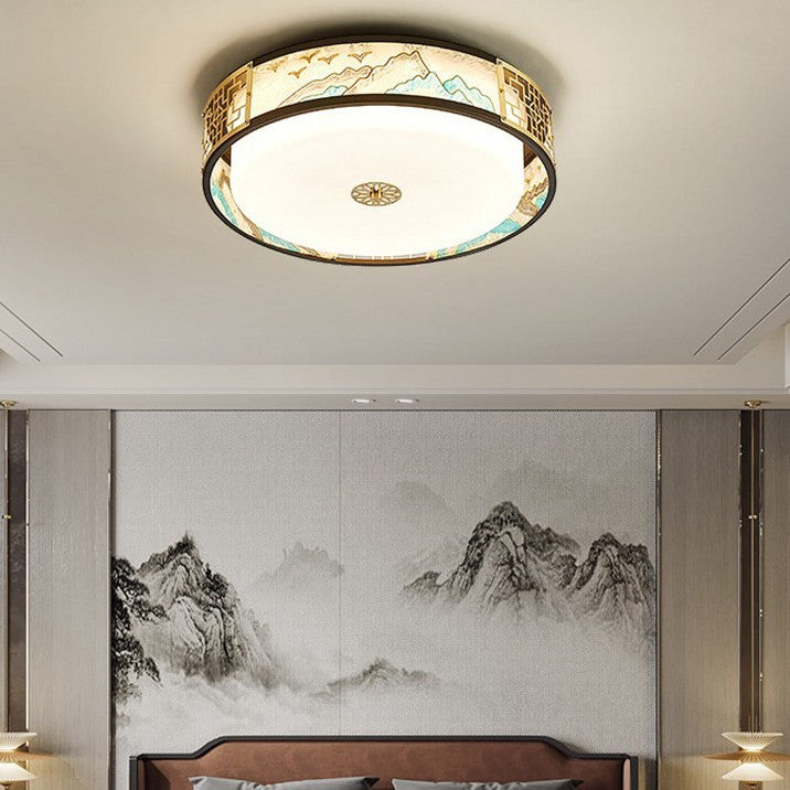Traditional Chinese Copper Acrylic Enamel Painting Landscape Rectangular Square Round LED Flush Mount Ceiling Light For Bedroom