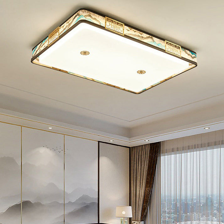 Traditional Chinese Copper Acrylic Enamel Painting Landscape Rectangular Square Round LED Flush Mount Ceiling Light For Bedroom