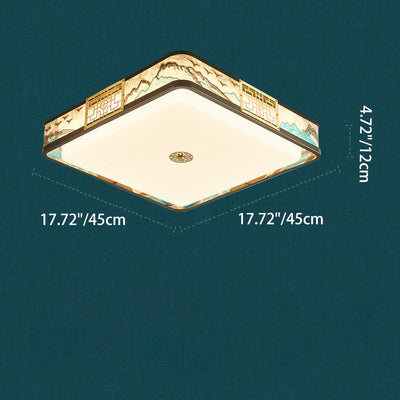 Traditional Chinese Copper Acrylic Enamel Painting Landscape Rectangular Square Round LED Flush Mount Ceiling Light For Bedroom