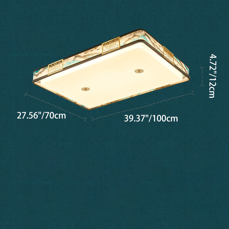 Traditional Chinese Copper Acrylic Enamel Painting Landscape Rectangular Square Round LED Flush Mount Ceiling Light For Bedroom