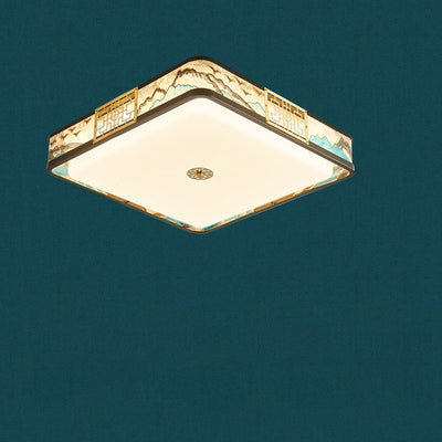 Traditional Chinese Copper Acrylic Enamel Painting Landscape Rectangular Square Round LED Flush Mount Ceiling Light For Bedroom