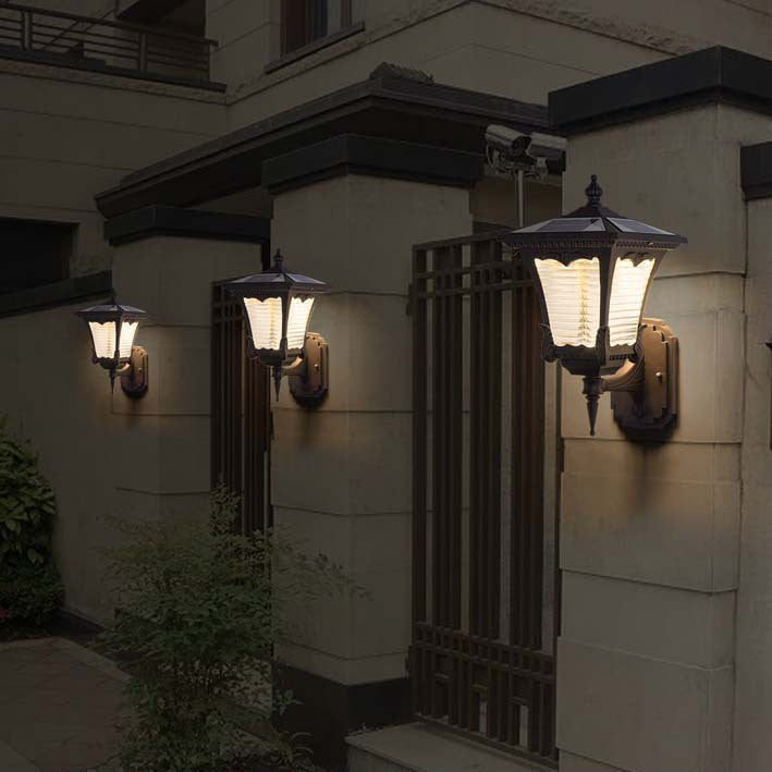 Contemporary Retro Solar Waterproof Aluminum Glass Quadrilateral Striped Lantern LED Wall Sconce Lamp For Outdoor Patio