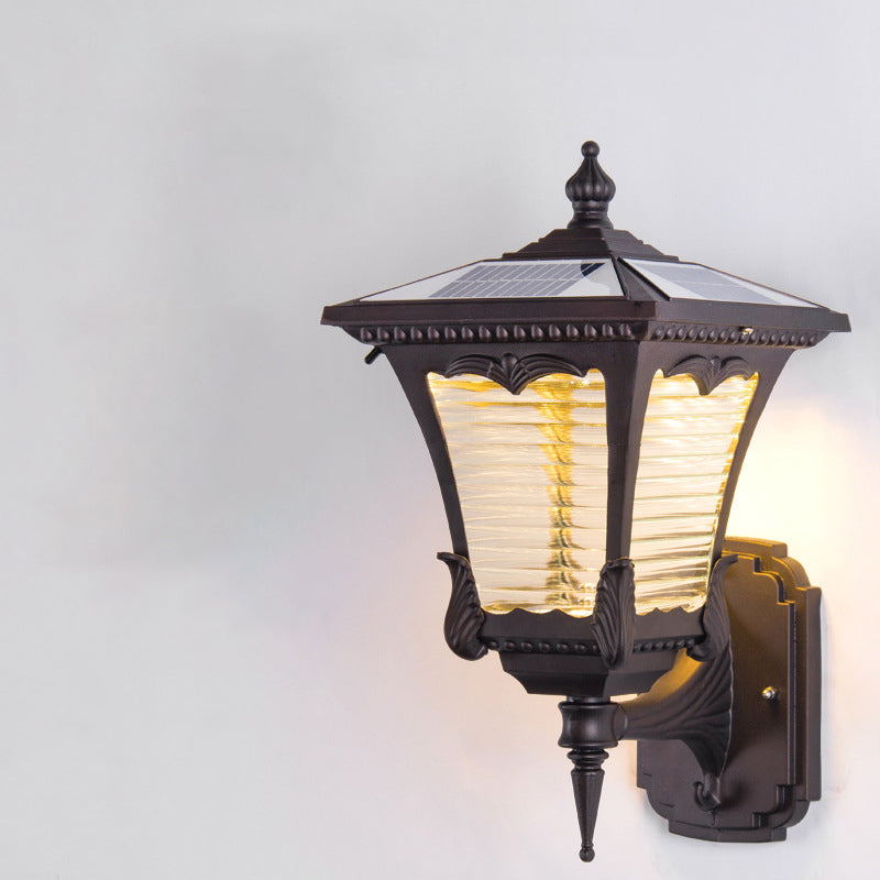 Contemporary Retro Solar Waterproof Aluminum Glass Quadrilateral Striped Lantern LED Wall Sconce Lamp For Outdoor Patio