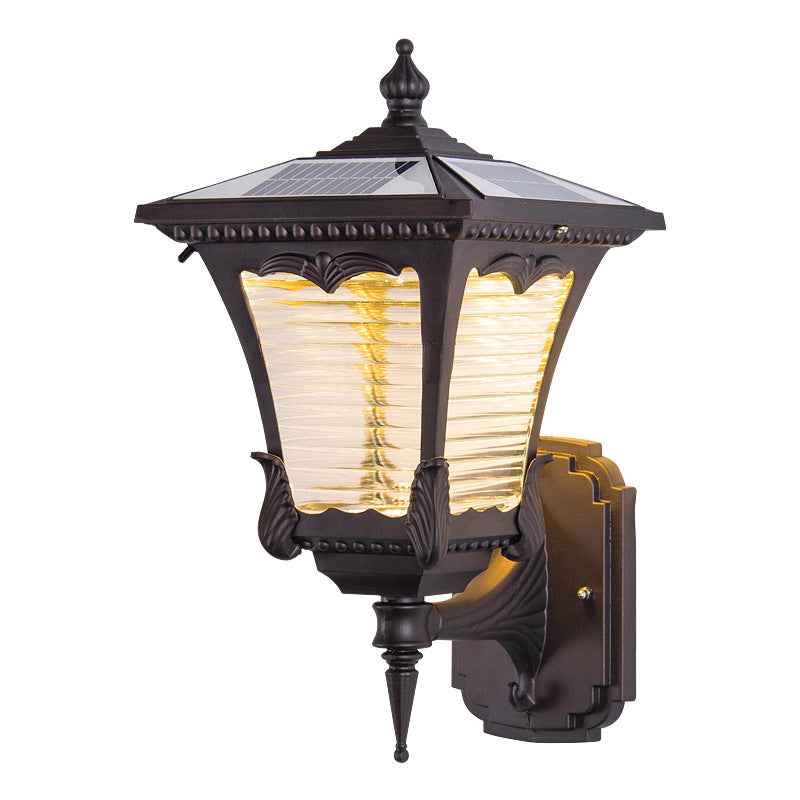 Contemporary Retro Solar Waterproof Aluminum Glass Quadrilateral Striped Lantern LED Wall Sconce Lamp For Outdoor Patio