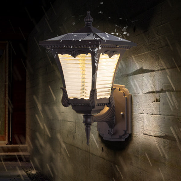 Contemporary Retro Solar Waterproof Aluminum Glass Quadrilateral Striped Lantern LED Wall Sconce Lamp For Outdoor Patio