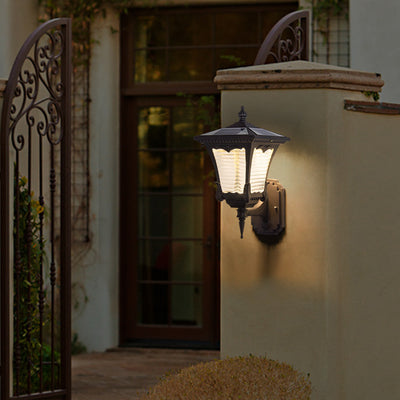 Contemporary Retro Solar Waterproof Aluminum Glass Quadrilateral Striped Lantern LED Wall Sconce Lamp For Outdoor Patio