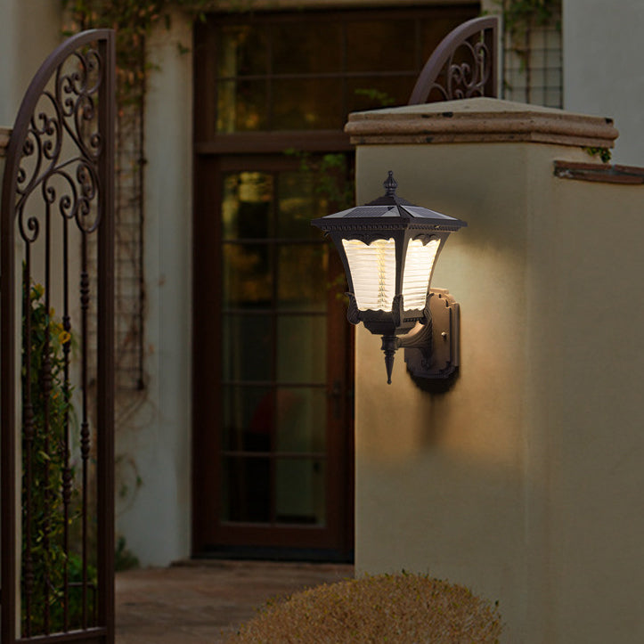 Contemporary Retro Solar Waterproof Aluminum Glass Quadrilateral Striped Lantern LED Wall Sconce Lamp For Outdoor Patio