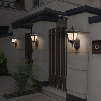 Contemporary Retro Solar Waterproof Aluminum Glass Quadrilateral Striped Lantern LED Wall Sconce Lamp For Outdoor Patio