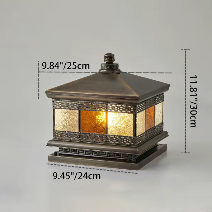 Contemporary Retro Solar Waterproof Copper Glass Square Palace Printed 1-Light LED Outdoor Pillar Light Landscape Lighting For Garden
