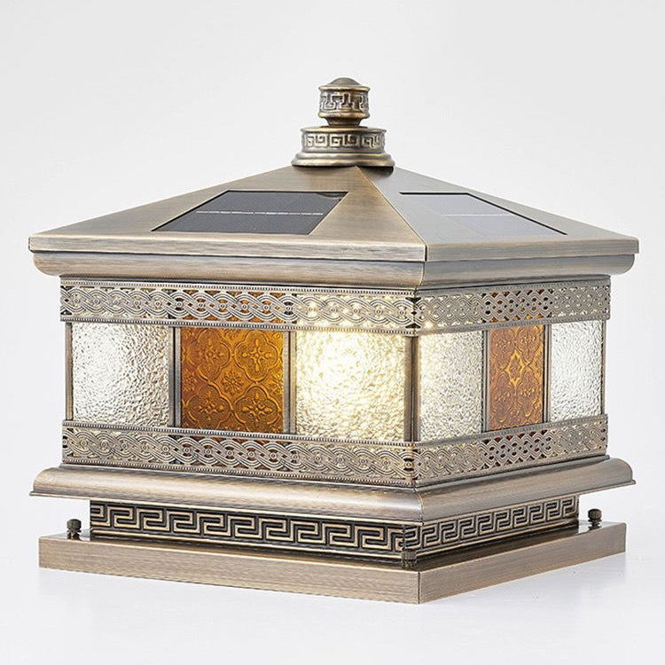 Contemporary Retro Solar Waterproof Copper Glass Square Palace Printed 1-Light LED Outdoor Pillar Light Landscape Lighting For Garden