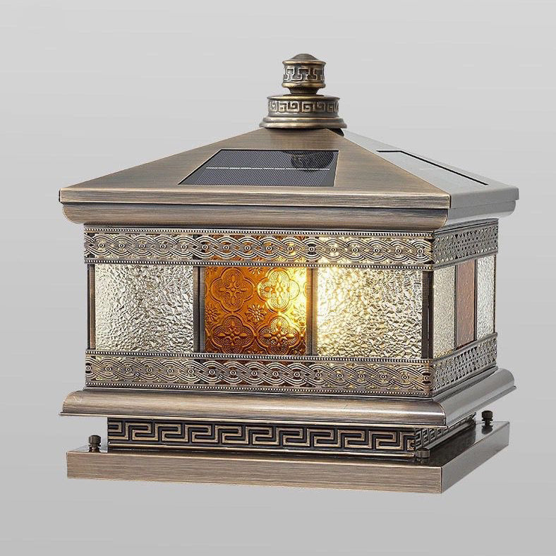 Contemporary Retro Solar Waterproof Copper Glass Square Palace Printed 1-Light LED Outdoor Pillar Light Landscape Lighting For Garden