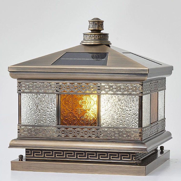 Contemporary Retro Solar Waterproof Copper Glass Square Palace Printed 1-Light LED Outdoor Pillar Light Landscape Lighting For Garden