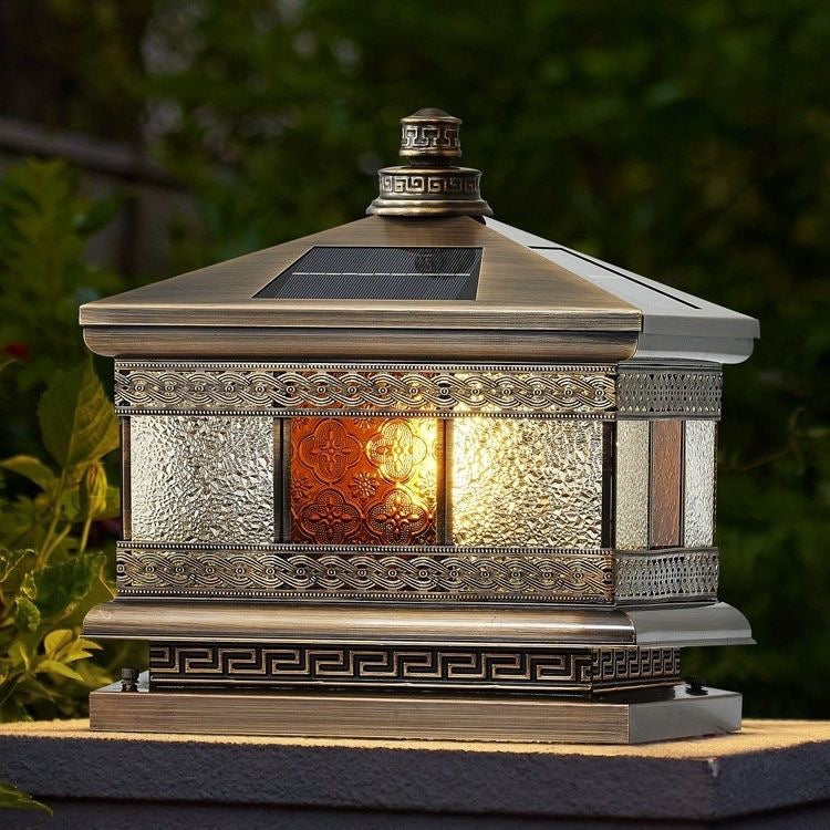 Contemporary Retro Solar Waterproof Copper Glass Square Palace Printed 1-Light LED Outdoor Pillar Light Landscape Lighting For Garden