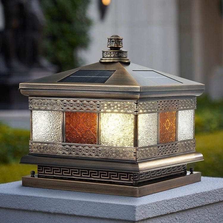 Contemporary Retro Solar Waterproof Copper Glass Square Palace Printed 1-Light LED Outdoor Pillar Light Landscape Lighting For Garden