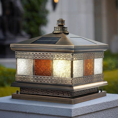 Contemporary Retro Solar Waterproof Copper Glass Square Palace Printed 1-Light LED Outdoor Pillar Light Landscape Lighting For Garden