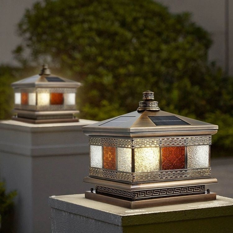 Contemporary Retro Solar Waterproof Copper Glass Square Palace Printed 1-Light LED Outdoor Pillar Light Landscape Lighting For Garden