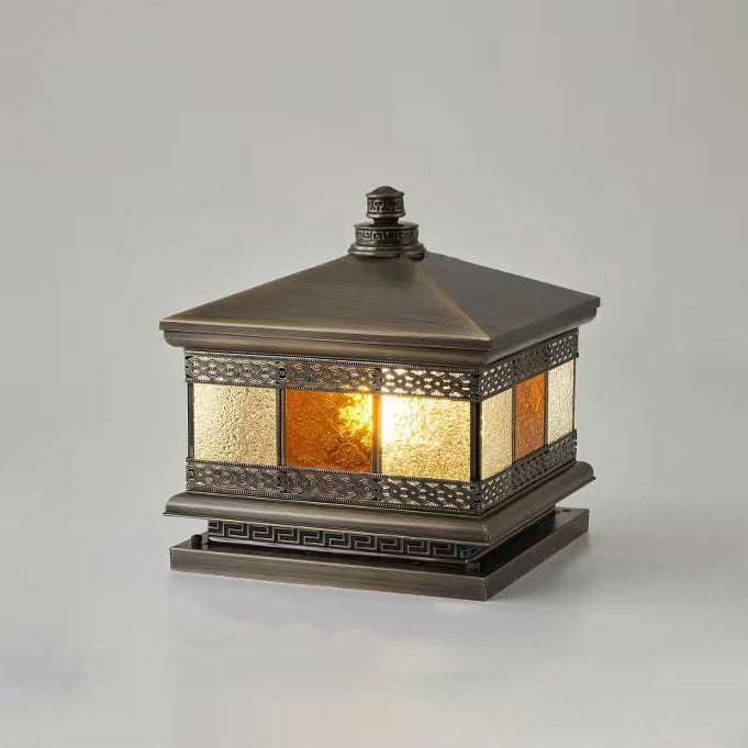 Contemporary Retro Solar Waterproof Copper Glass Square Palace Printed 1-Light LED Outdoor Pillar Light Landscape Lighting For Garden