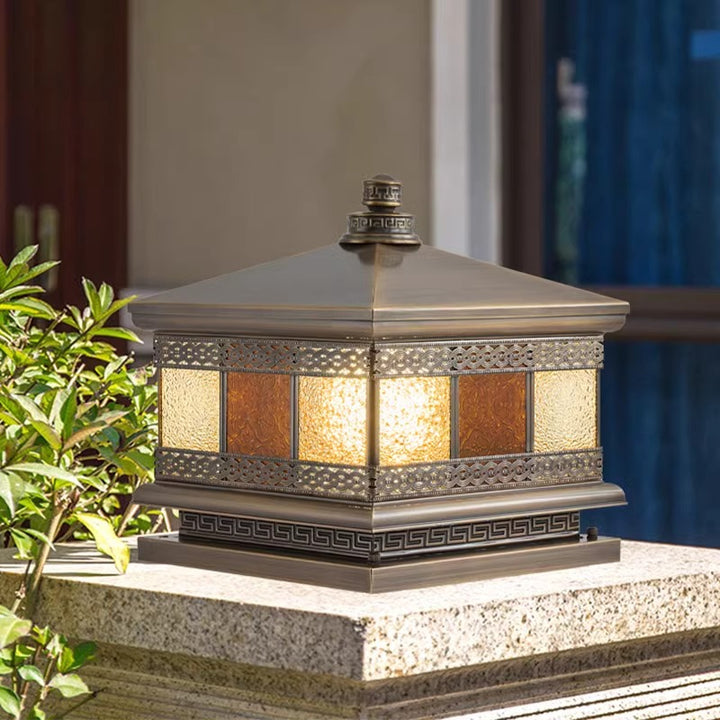 Contemporary Retro Solar Waterproof Copper Glass Square Palace Printed 1-Light LED Outdoor Pillar Light Landscape Lighting For Garden