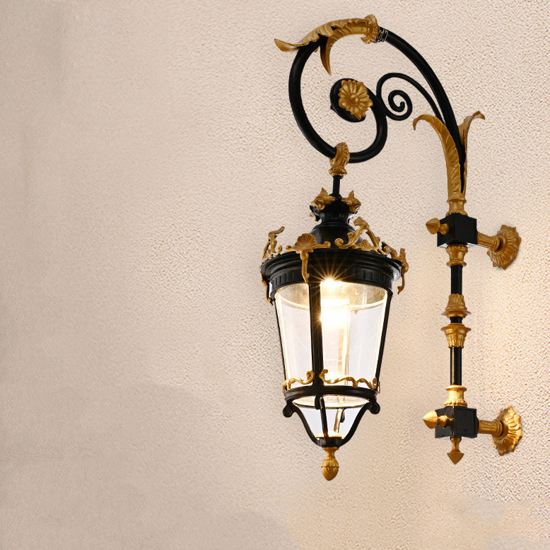 Traditional European Waterproof Aluminum Glass Lantern Carved LED Wall Sconce Lamp For Outdoor Patio