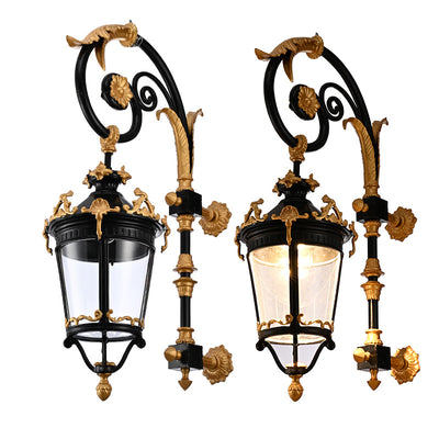 Traditional European Waterproof Aluminum Glass Lantern Carved LED Wall Sconce Lamp For Outdoor Patio