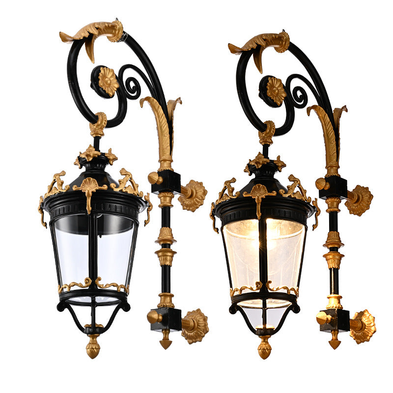 Traditional European Waterproof Aluminum Glass Lantern Carved LED Wall Sconce Lamp For Outdoor Patio